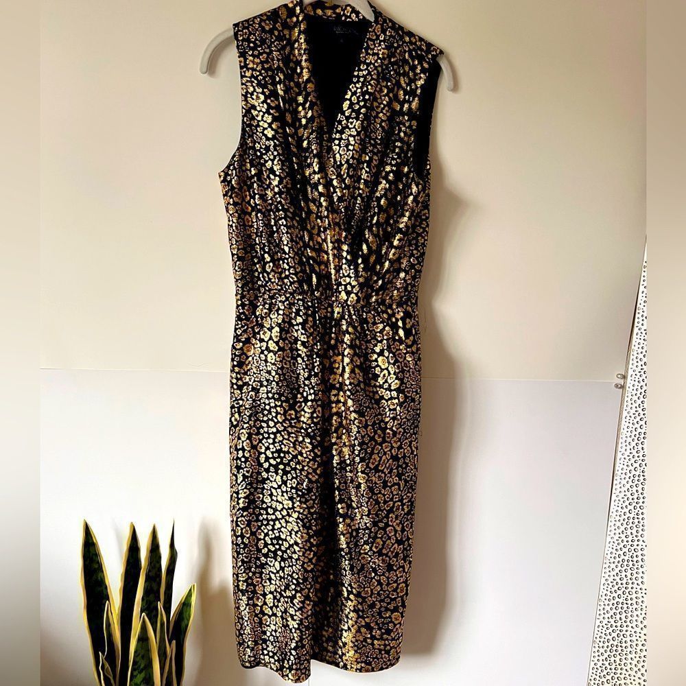 RACHEL Rachel Roy Sleeveless V-Neck Black & Gold Leopard Print Dress Size L